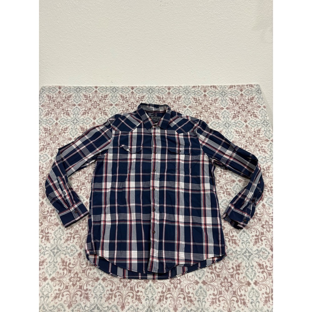 American Rag Mens XL Navy Blue Red White Plaid Long Sleeve Western Button Shirt